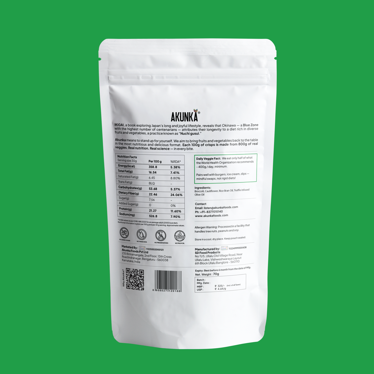 Crunchy Florets Zero Unsalted 70g back pack - nutrition label and FSSAI details