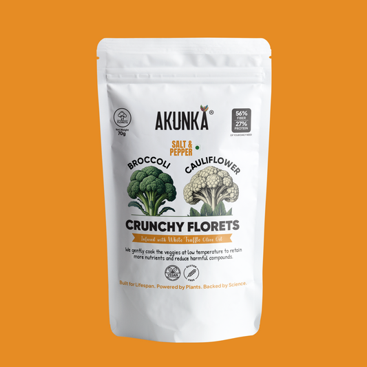 Crunchy Florets Salt and Pepper 70g front pack - broccoli and cauliflower chips by Akunka