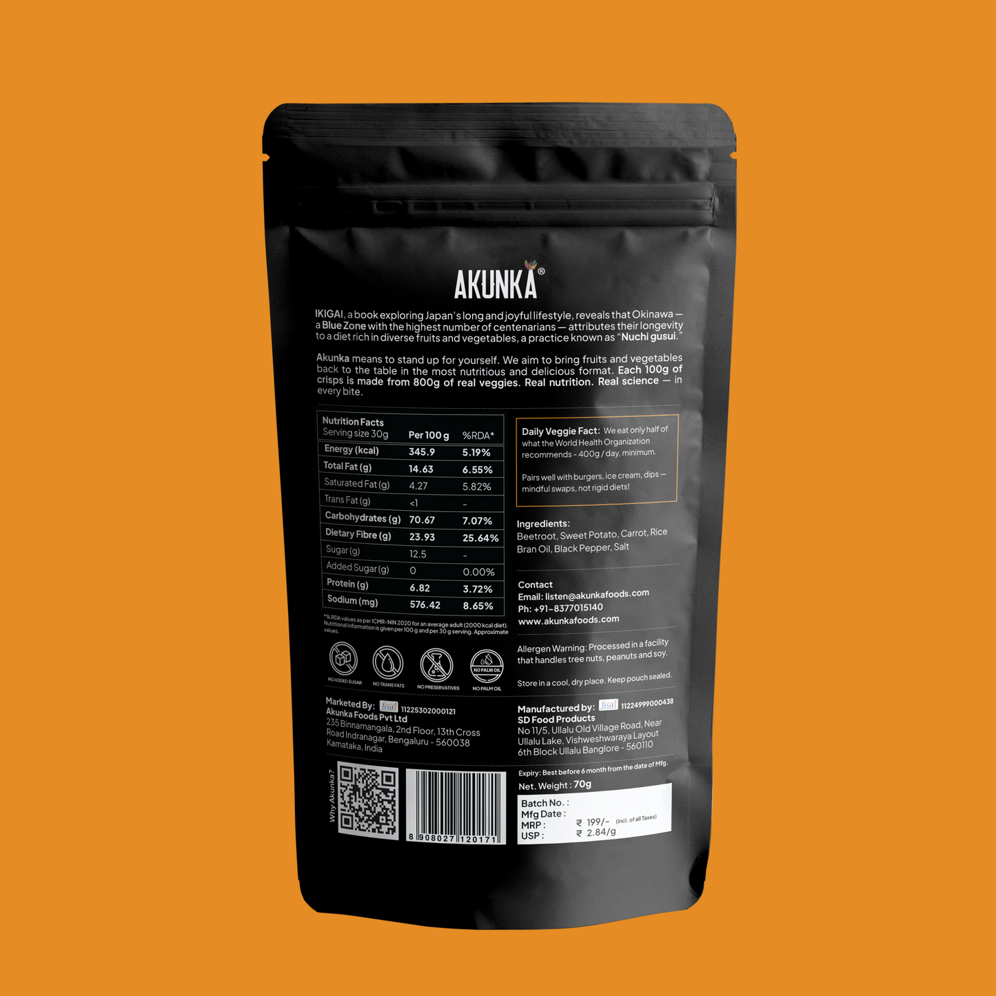 Crispy Roots Salt and Pepper 70g back pack — nutrition label and FSSAI details