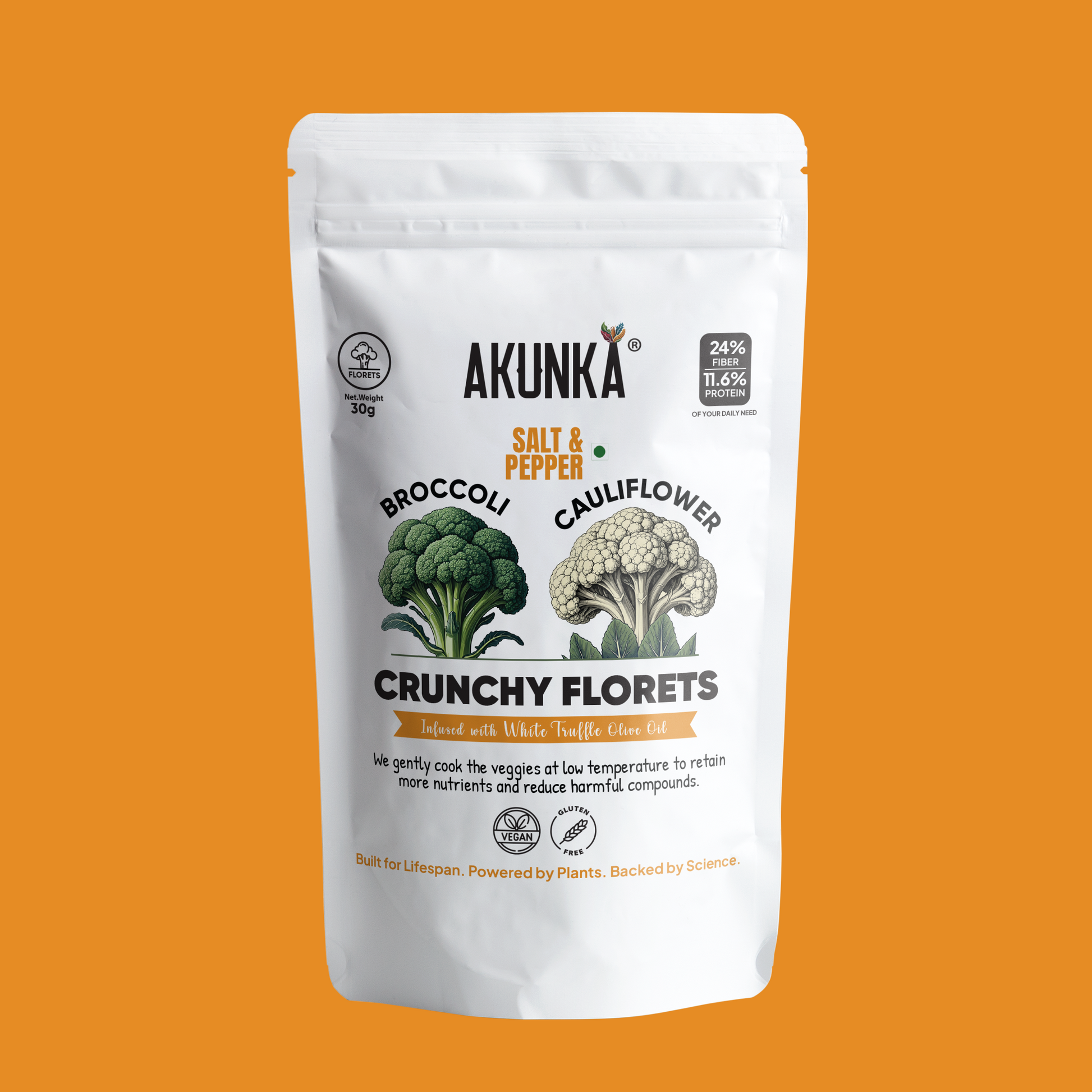 Akunka Crunchy Florets Salt and Pepper 30g front pack — vacuum-fried broccoli and cauliflower chips