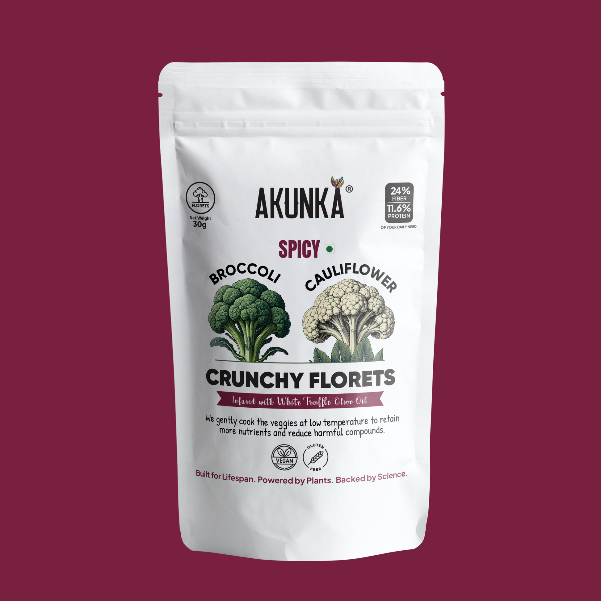Akunka Crunchy Florets Spicy 30g front pack - vacuum-fried broccoli and cauliflower chips