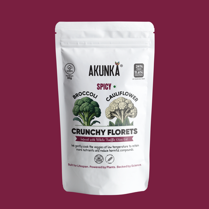 Akunka Crunchy Florets Spicy 30g front pack - vacuum-fried broccoli and cauliflower chips