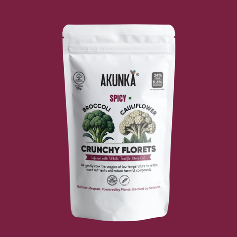 Akunka Crunchy Florets Spicy 30g front pack - vacuum-fried broccoli and cauliflower chips