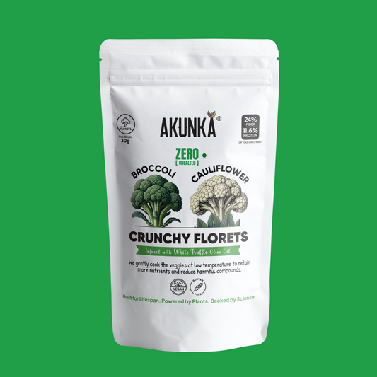 Akunka Crunchy Florets Zero Unsalted 30g front pack - vacuum-fried broccoli and cauliflower chips