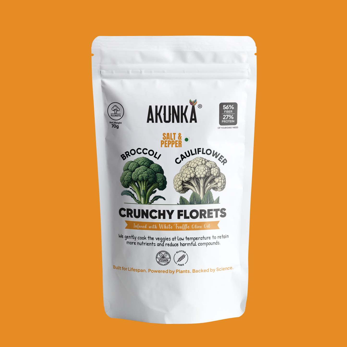 Crunchy Florets Salt and Pepper 70g front pack - broccoli and cauliflower chips by Akunka