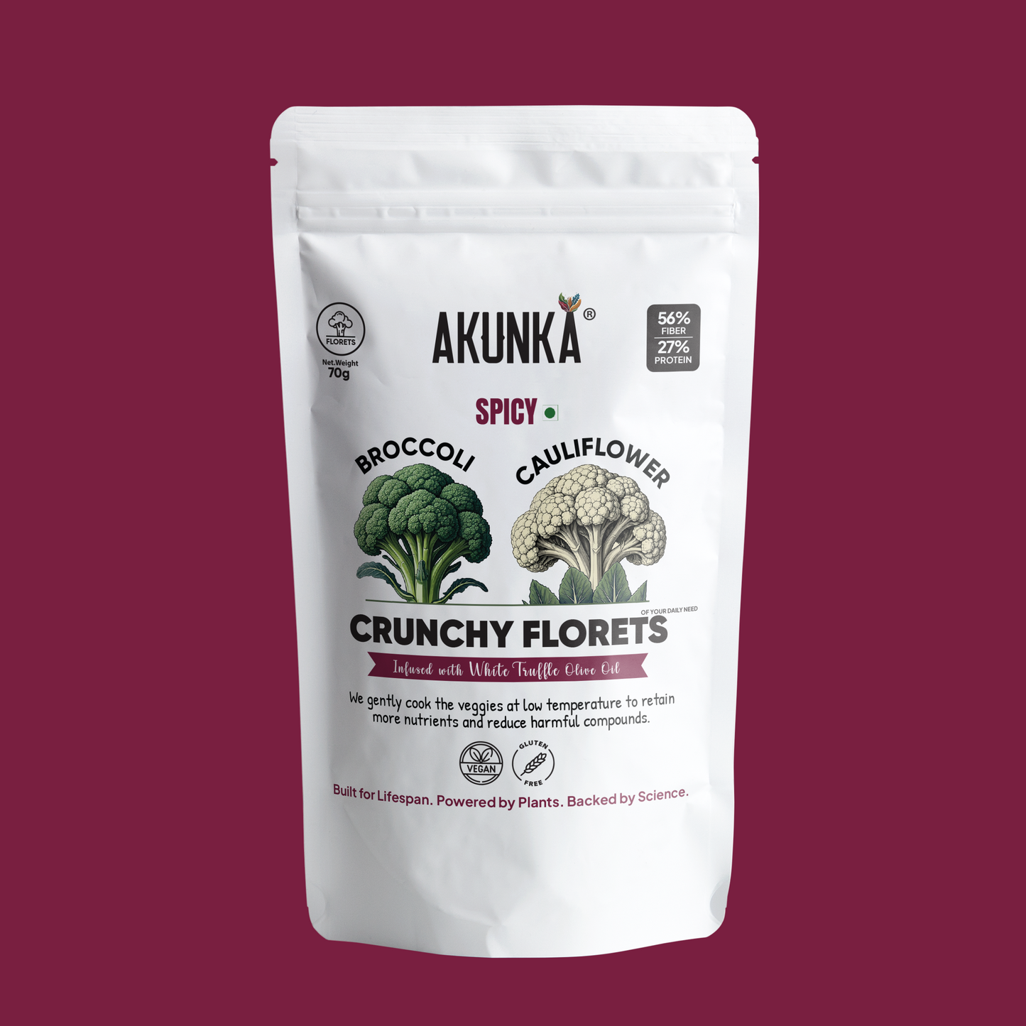 Crunchy Florets Spicy 70g front pack - broccoli and cauliflower chips