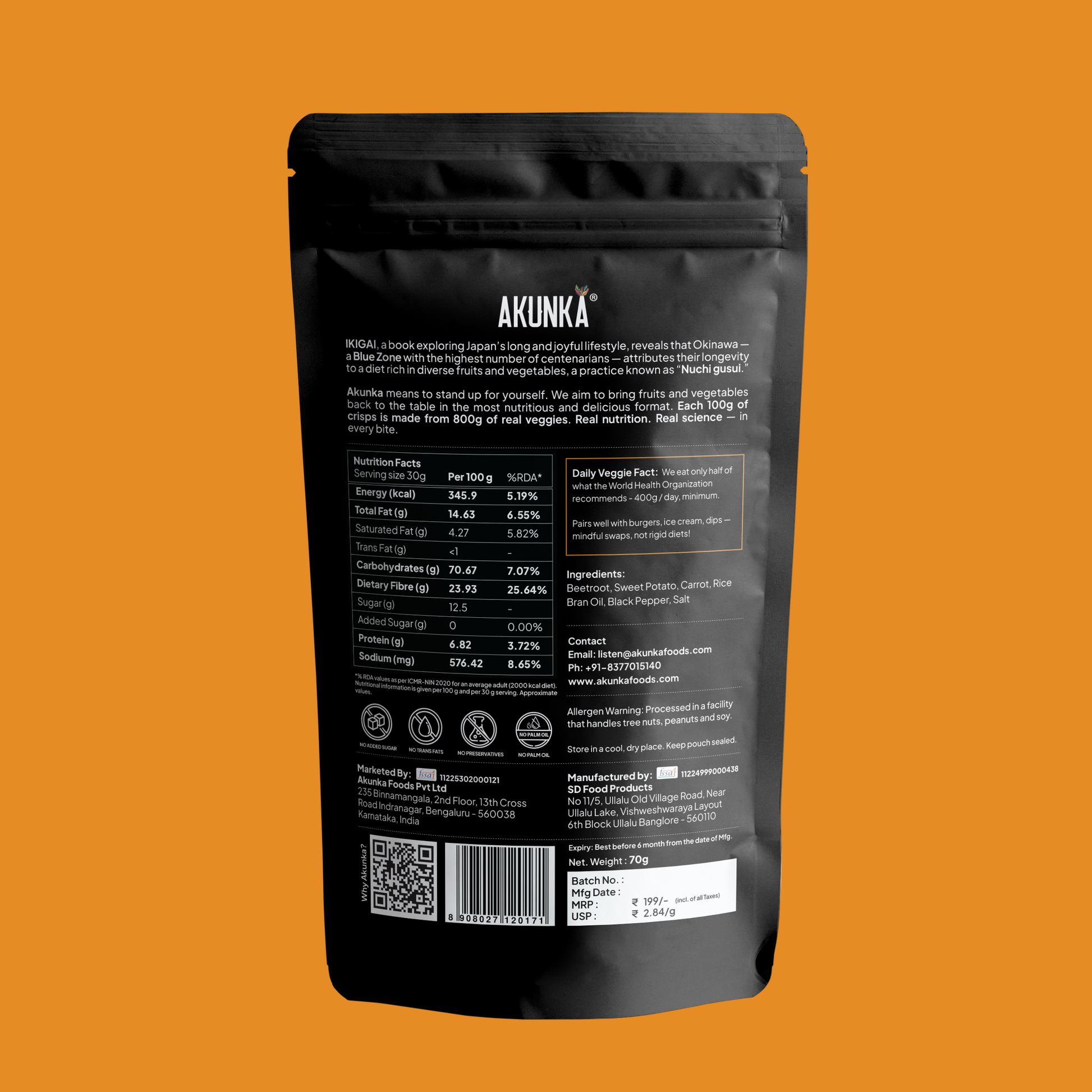 Crispy Roots Salt and Pepper 70g back pack — nutrition label and FSSAI details