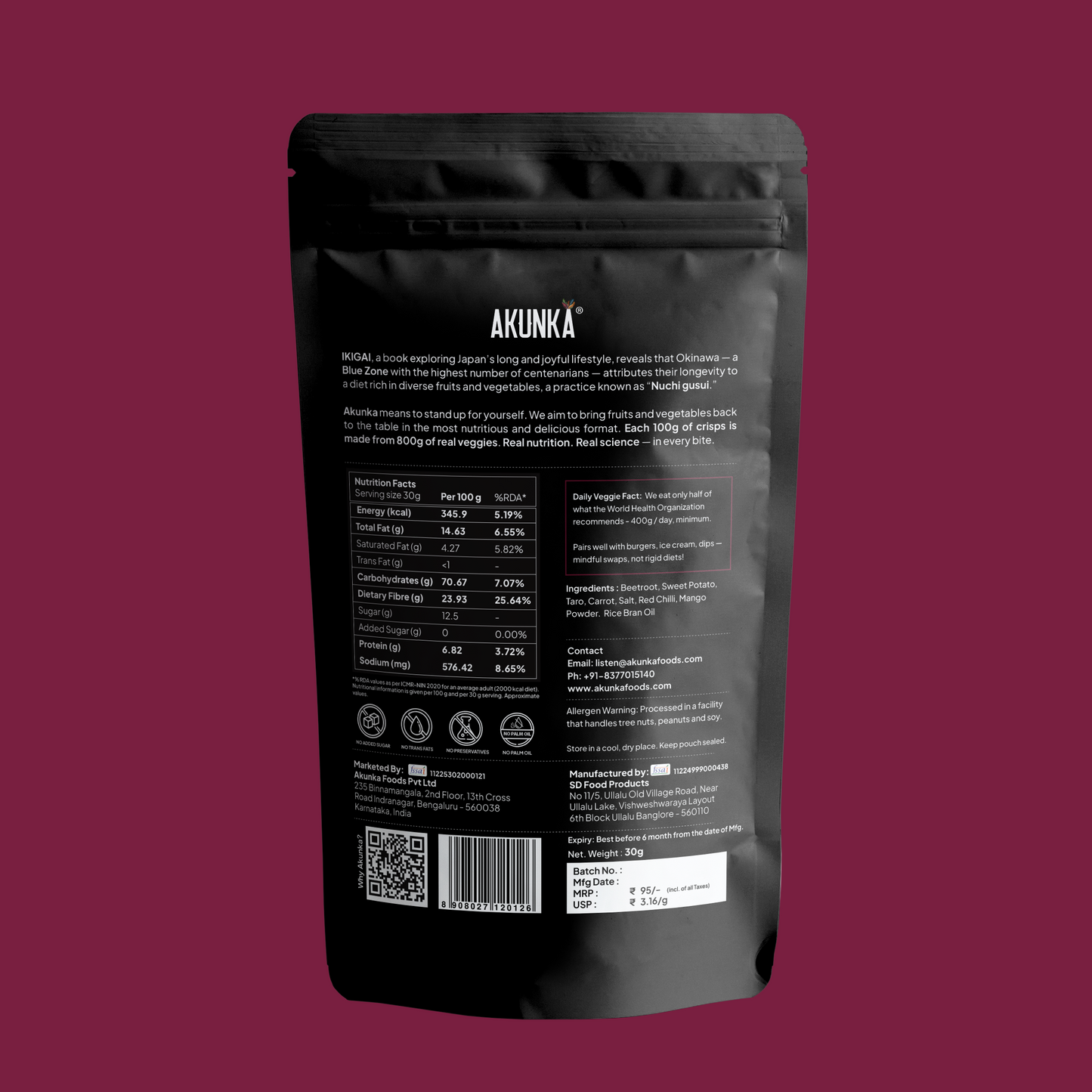 Crispy Roots Spicy 30g back pack — nutrition facts and ingredients by Akunka