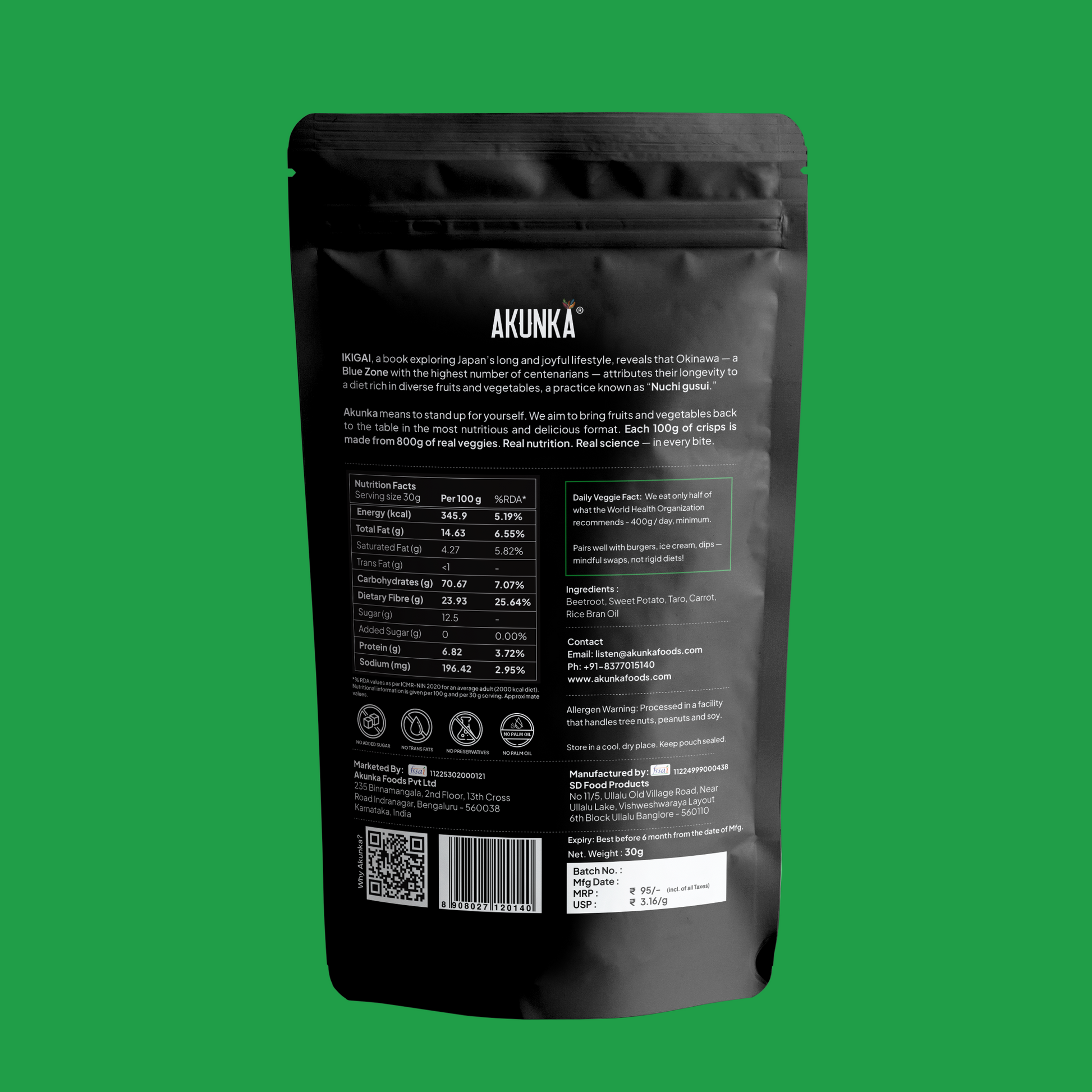 Crispy Roots Zero Unsalted 30g back pack - nutrition facts and ingredients