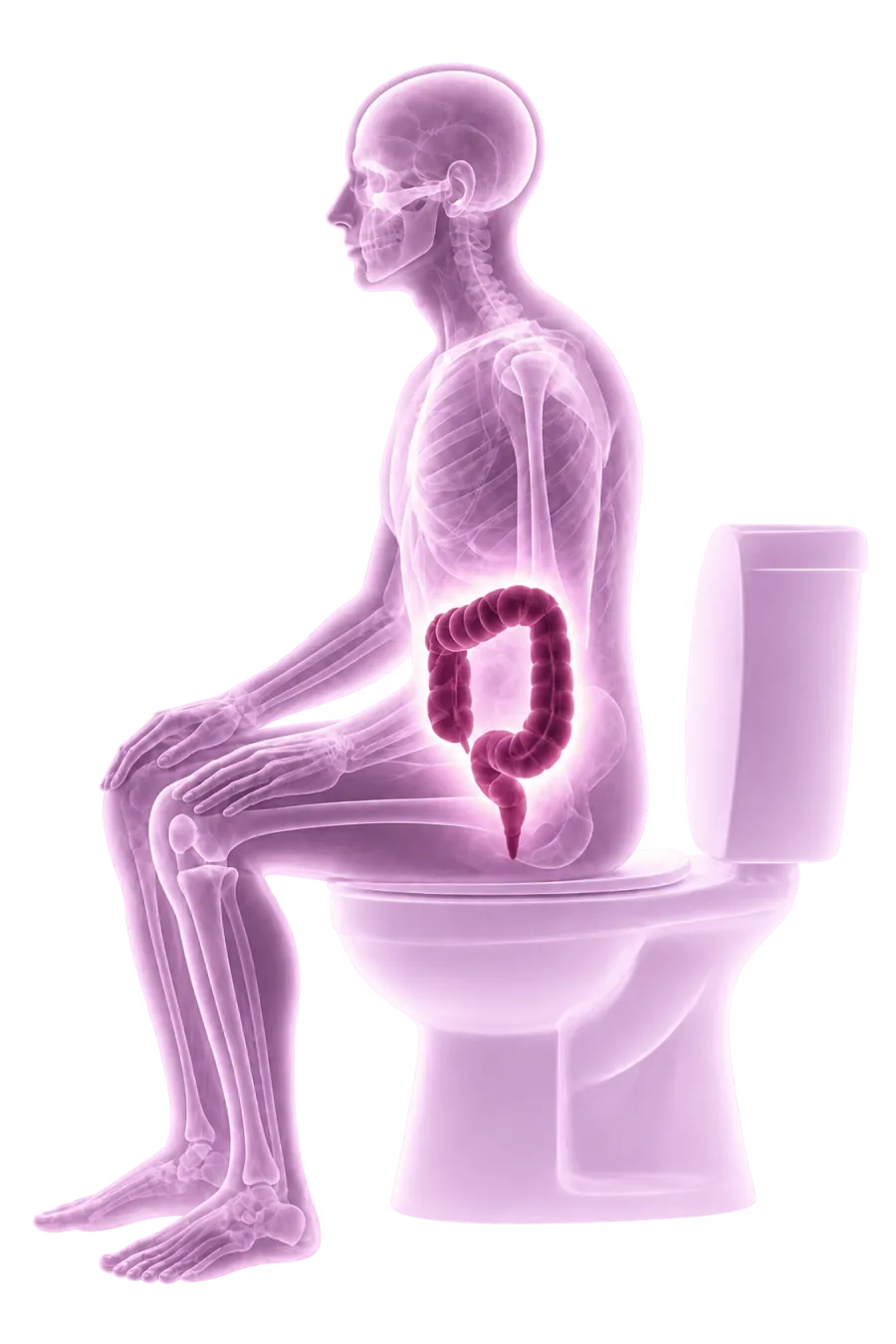 A translucent human figure seated on a toilet, the colon visible glowing inside the body